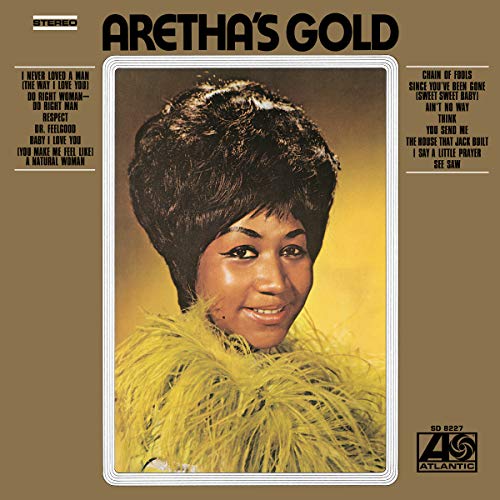 Aretha Franklin’s “Aretha’s Gold” vinyl album cover with her portrait.