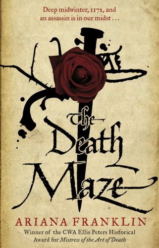 Book cover: dark floral design with a dagger and title "The Death Maze".