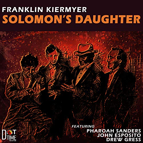 "Album cover art with four men in suits, red-toned cityscape background, and featured artists listed."