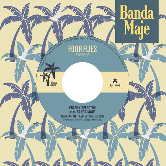 Blue vinyl record label with palm trees, birds, and text details.