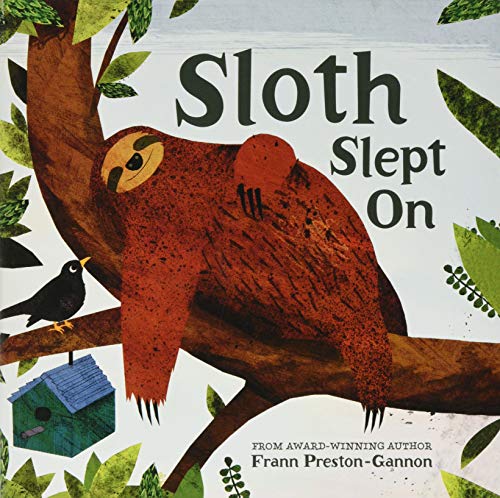 Book cover: a brown sloth sleeps on a branch with a black bird.