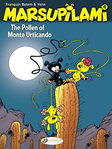 Marsupilami and friends on a tall cactus under a full moon.