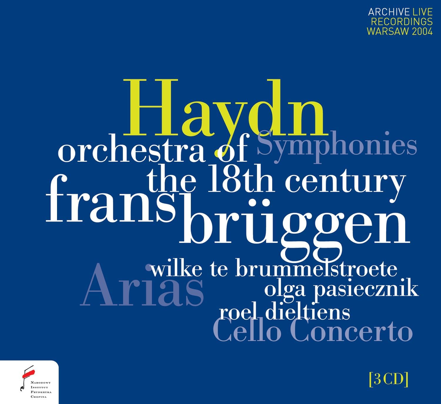 Blue CD cover with white and yellow text listing Haydn symphonies by Frans Brüggen.