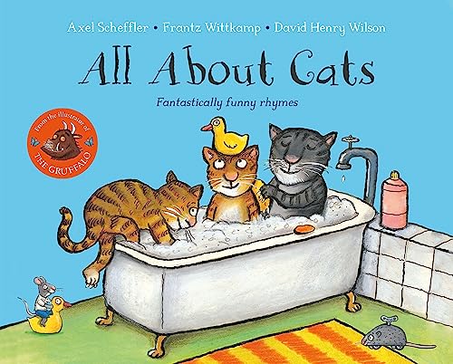 Three cats in a bathtub with a duck and a mouse.