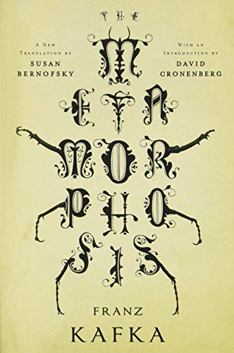 Book cover for The Metamorphosis by Franz Kafka with insect-like typography on yellow background.