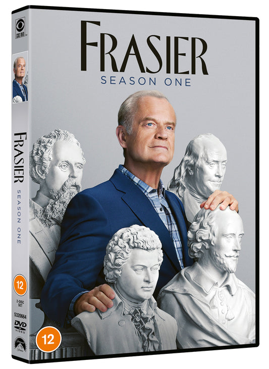 Frasier" Season One DVD case featuring Kelsey Grammer and classical busts.