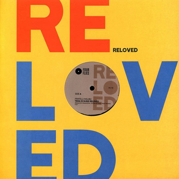 Vinyl record label with bold “RELOVED” text and a central record graphic.