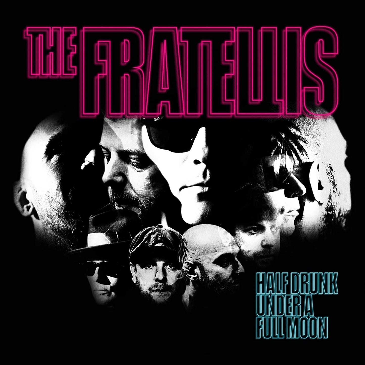 "Album cover with black background, band members' faces, and text 'The Fratellis' in pink."