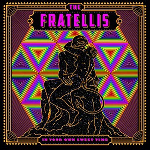 Album cover showing a space-filled couple embracing against a vibrant, geometric rainbow background.