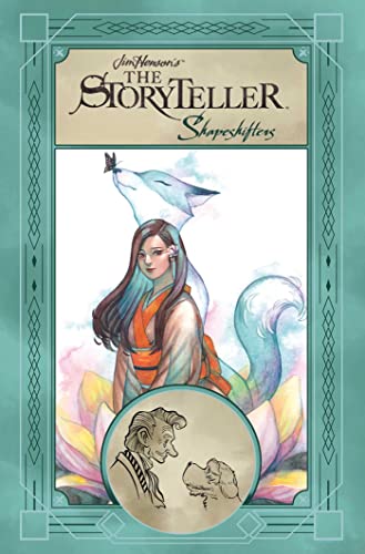 Book cover: woman, fox spirit, and storyteller with ornate teal border.