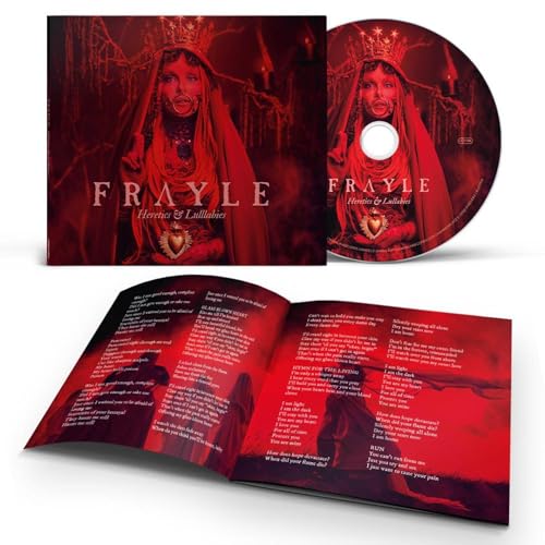 CD case and disc for Frayle’s “Heretics & Lullabies,” featuring a crowned figure.