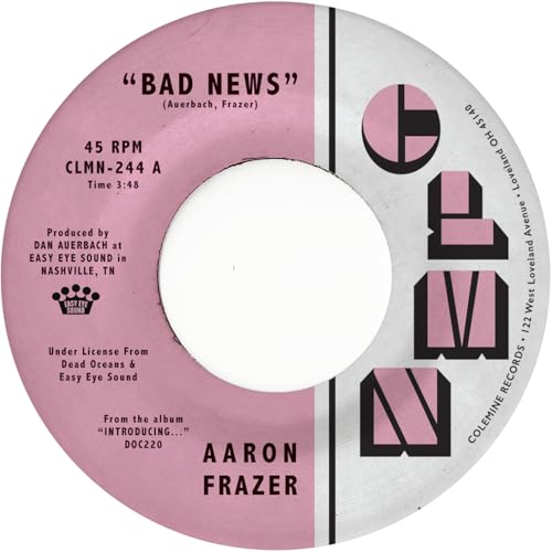 Pink and black record label for Aaron Frazer’s “Bad News” single.