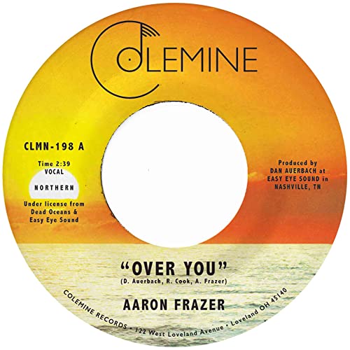 Yellow and orange record label with text: "Aaron Frazer - Over You".