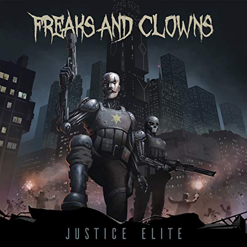 Cyberpunk album cover featuring robotic figures with weapons in a city.