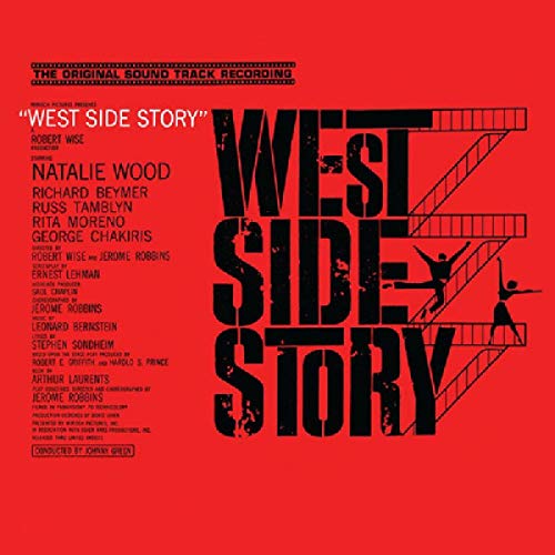 Red CD cover featuring "West Side Story" text and dancer silhouettes on a fire escape.