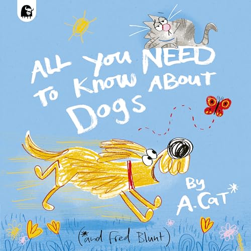 Book cover with cartoon cat, dog, butterfly, and sun on blue background.