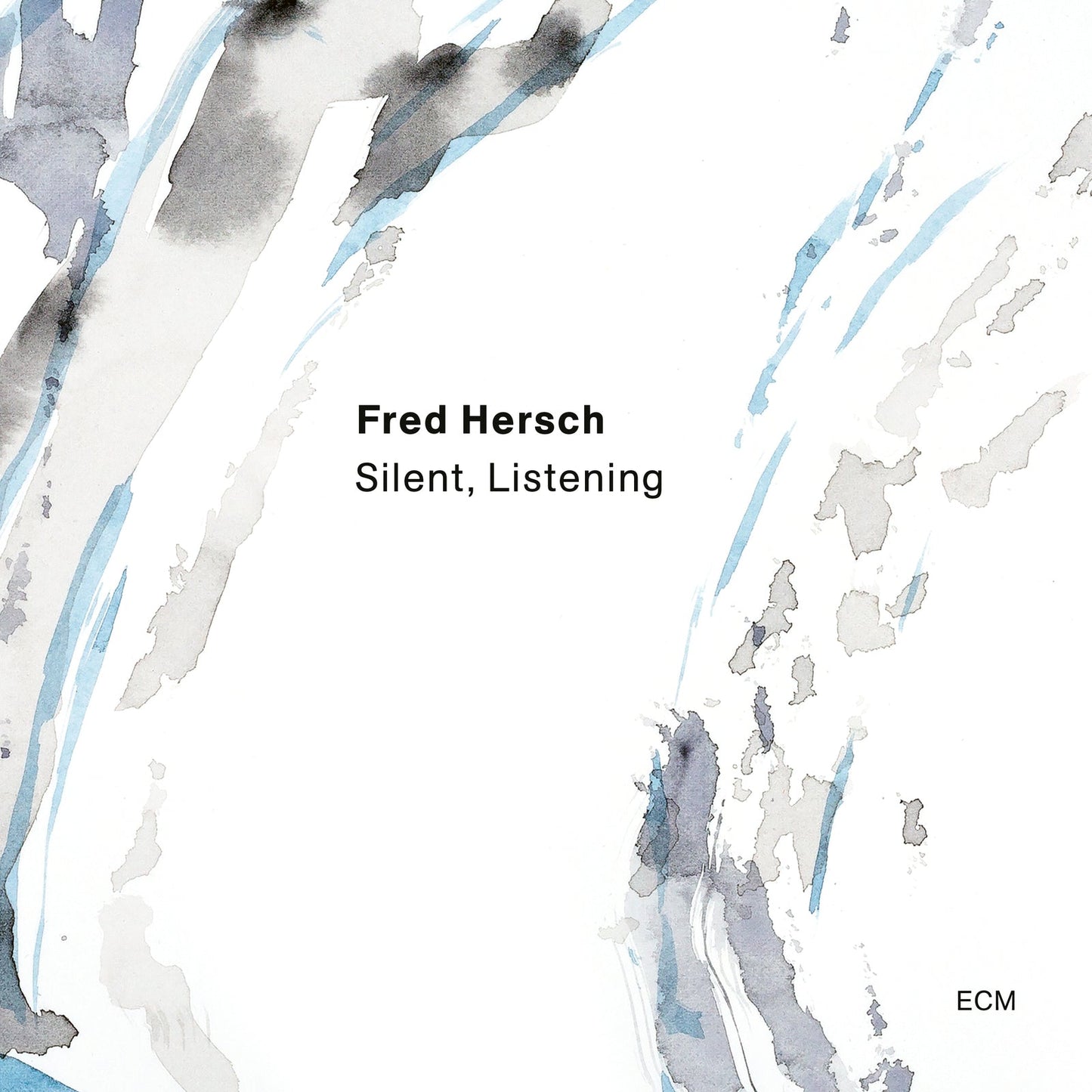 Album cover with abstract gray and blue watercolor strokes on a white background.