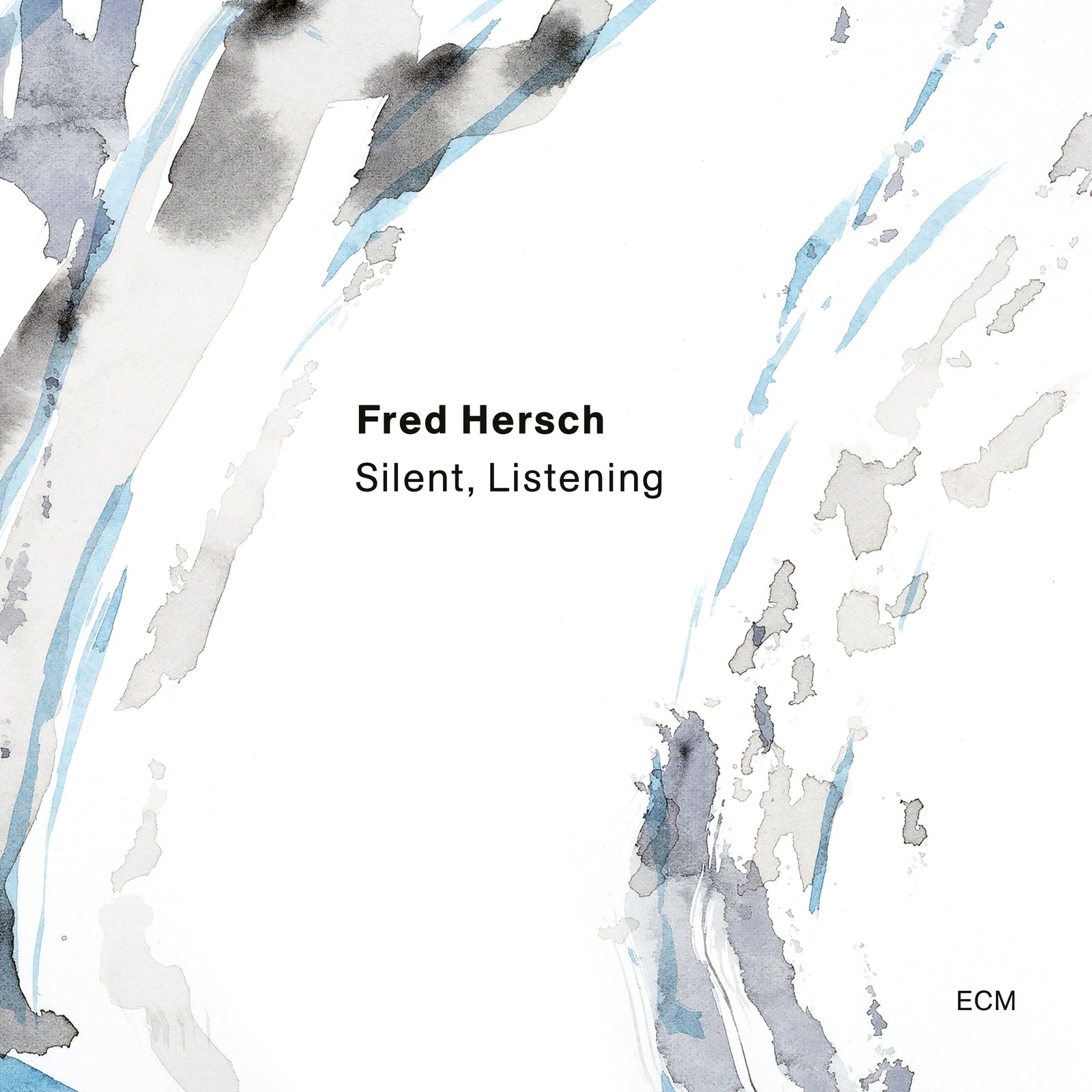 Album cover with abstract gray and blue watercolor strokes on a white background.