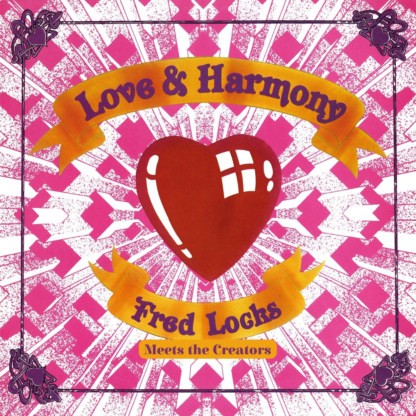 Album cover featuring a central red heart, yellow banners with text, and pink background.