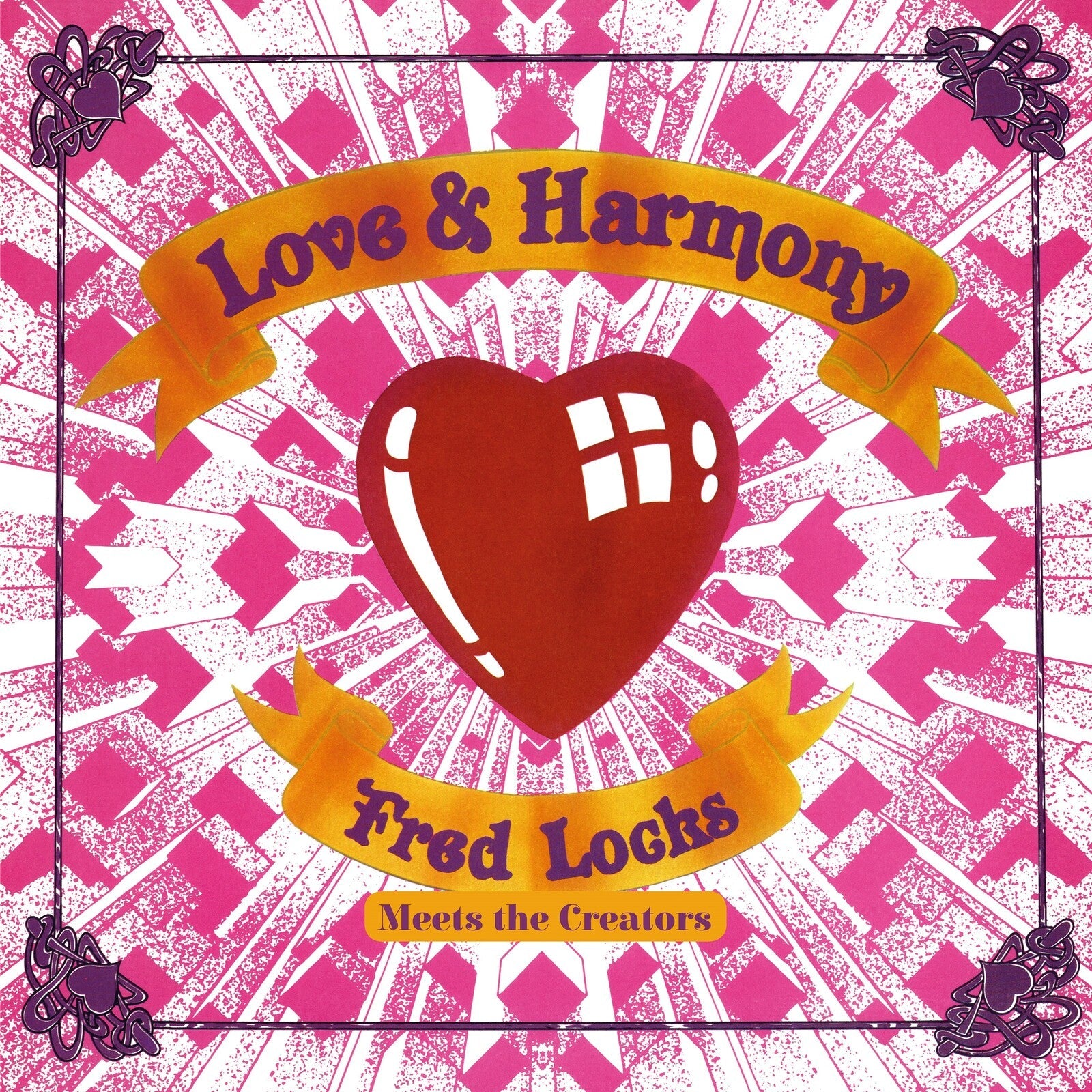 Album cover featuring a central red heart, yellow banners with text, and pink background.