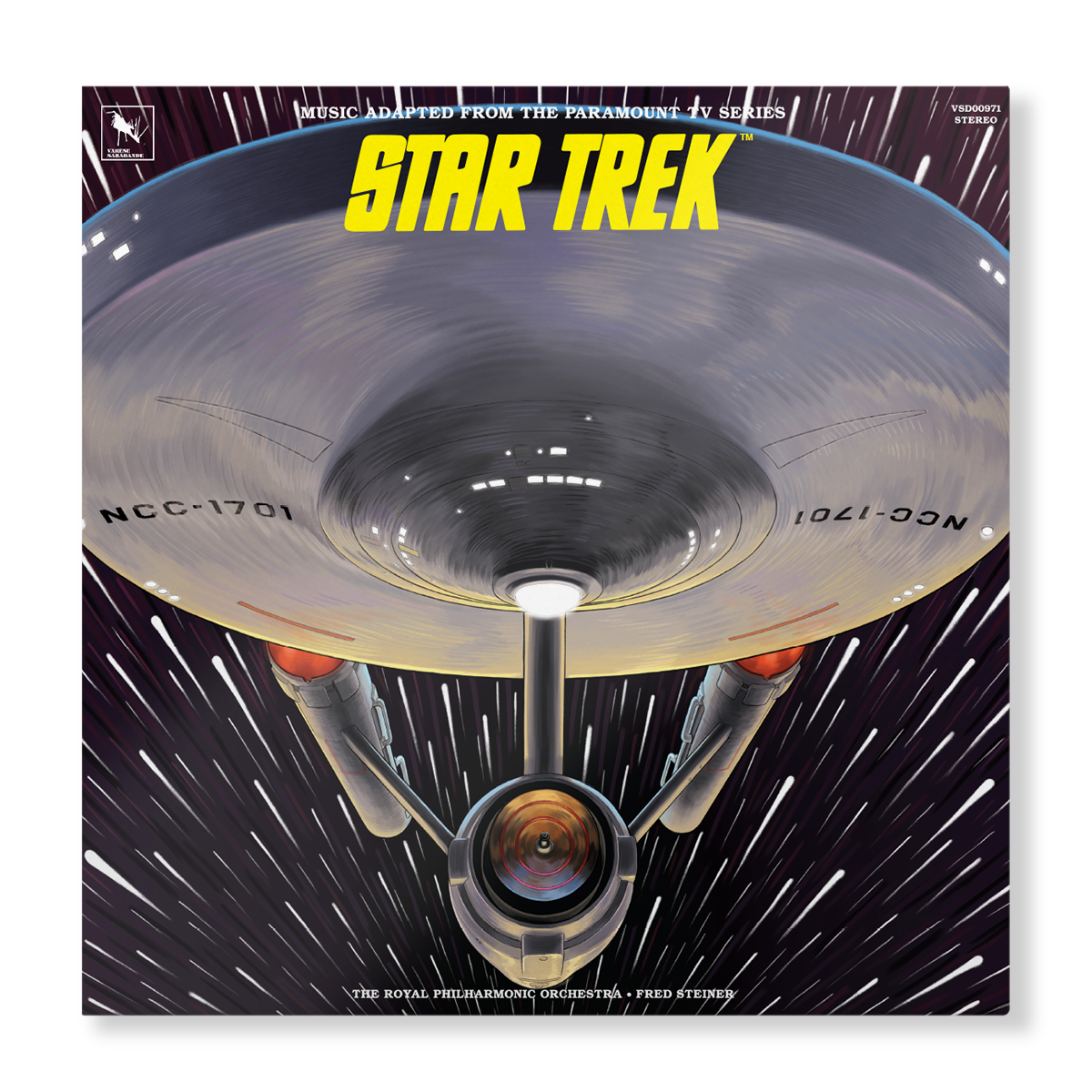 Star Trek vinyl record cover featuring the USS Enterprise speeding through space.