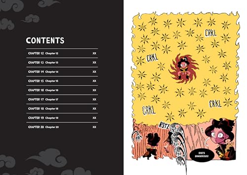 Black and yellow comic book pages with character and chapter listings.