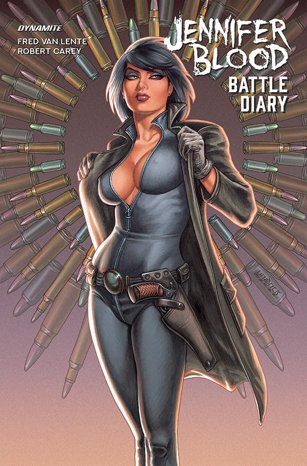 Comic book cover featuring a woman in a coat surrounded by bullets.