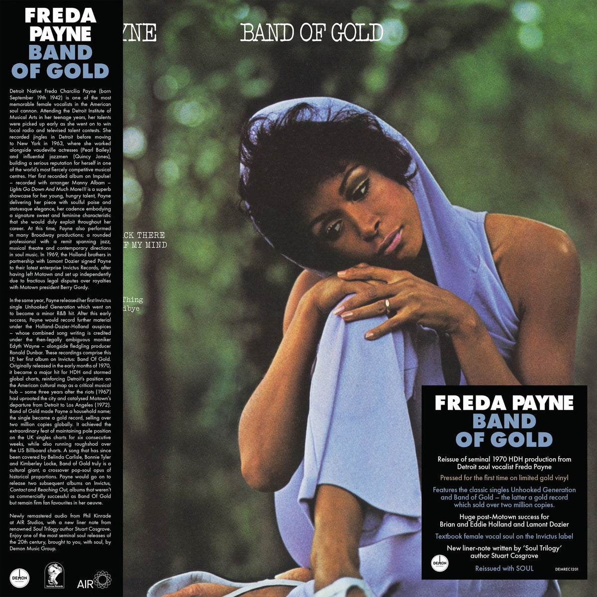 Gold vinyl record of Freda Payne’s “Band Of Gold” album, front and back covers shown.