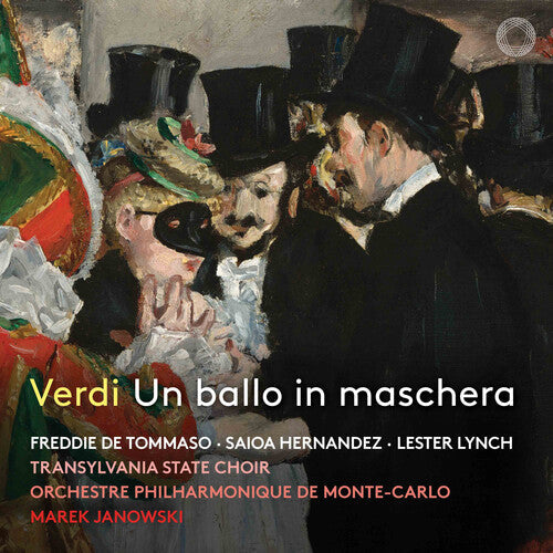 CD cover for Verdi’s “Un ballo in maschera” with masked figures.