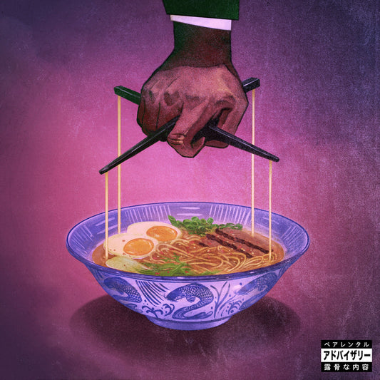 A hand holds chopsticks that lift noodles from a bowl of ramen against purple.