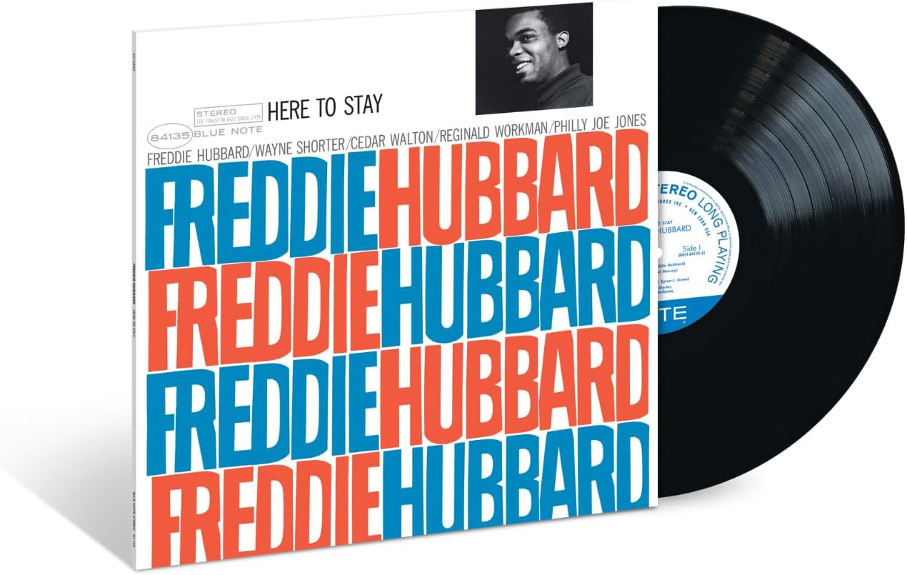 Freddie Hubbard’s “Here To Stay” vinyl record album cover, bold typography.