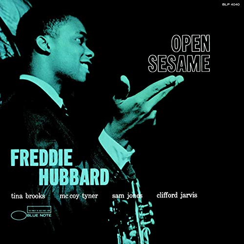 Freddie Hubbard’s “Open Sesame” vinyl album cover, teal and black portrait.