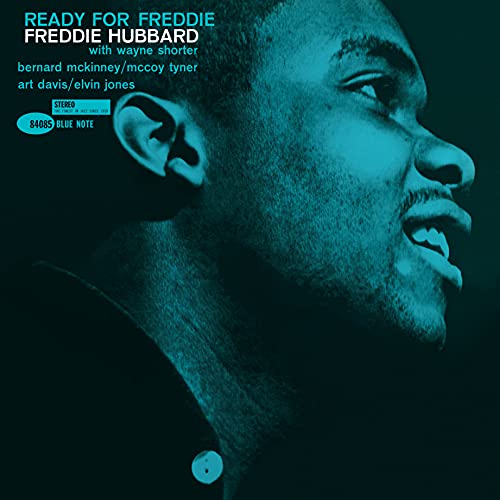 Freddie Hubbard album cover, close-up portrait in teal tones.