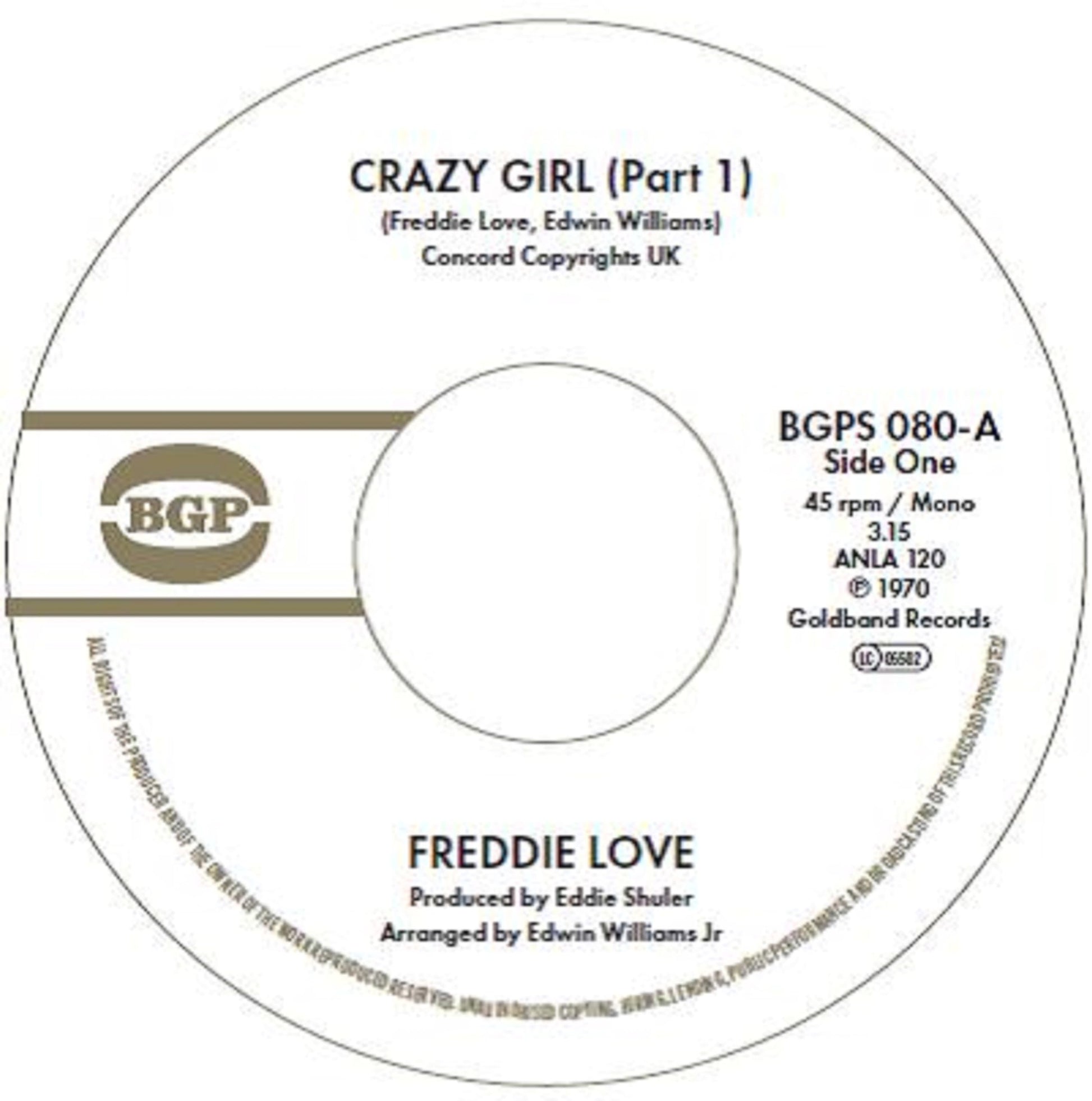 Vinyl record label for Freddie Love’s “Crazy Girl (Part 1)”, side one.