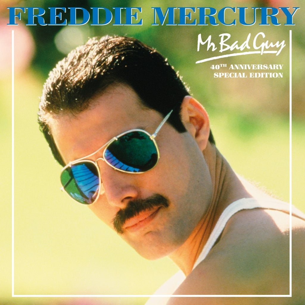 Freddie Mercury in sunglasses and a white jacket, album cover.