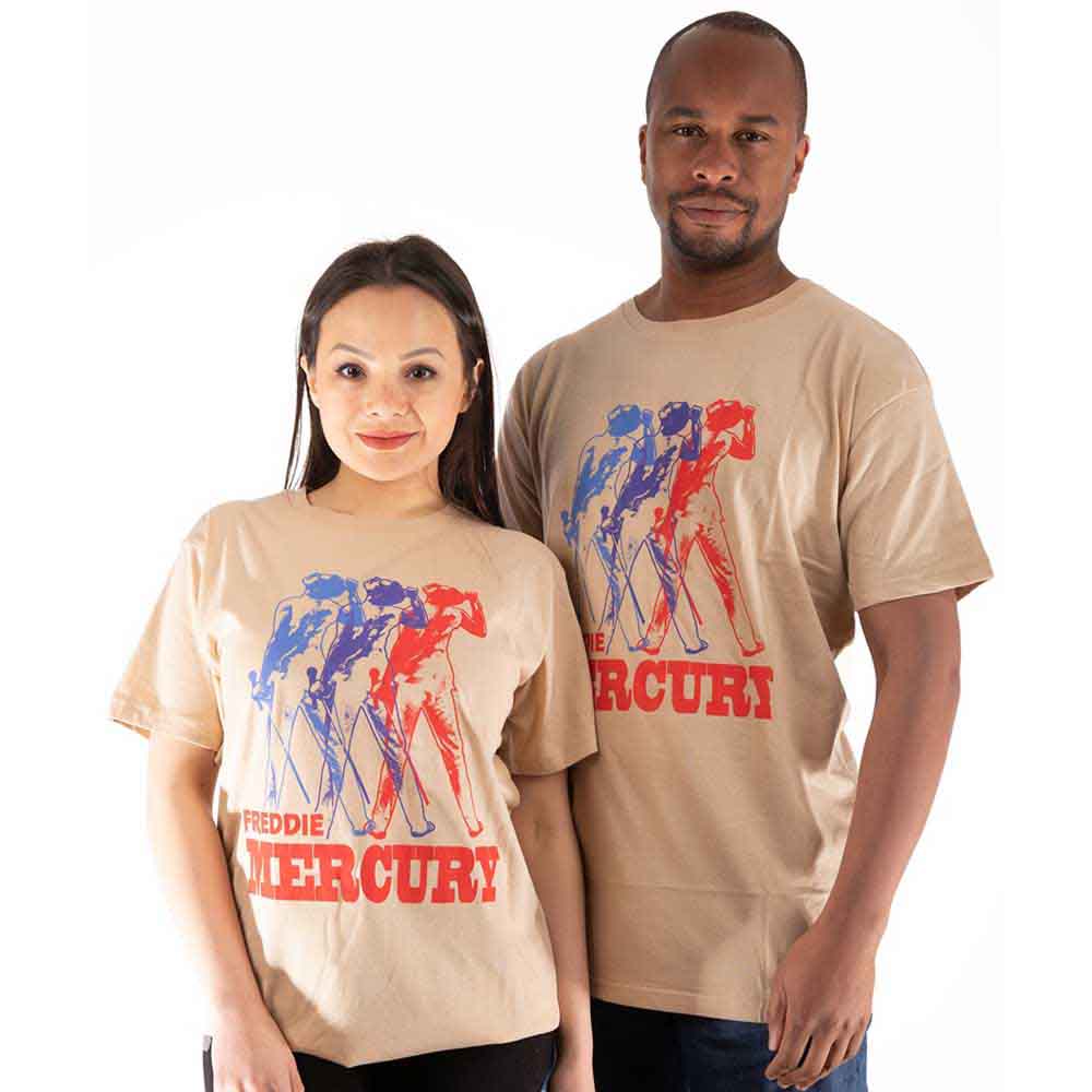 Unisex large black t-shirt featuring a multicolour photographic print of Freddie Mercury.