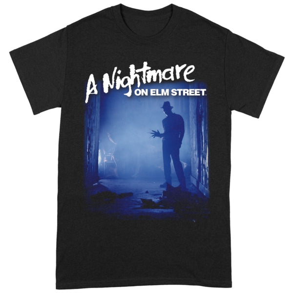Black t-shirt with a graphic of Freddy Krueger in a doorway.