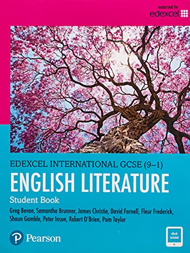 Textbook cover with a flowering tree and title: "Edexcel International GCSE English Literature".