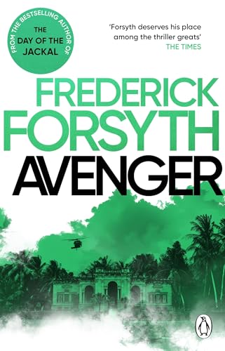 Book cover for "Avenger" by Frederick Forsyth, featuring a tropical landscape.