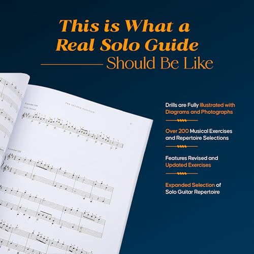 Open guitar instruction book with musical notation on a dark blue background.