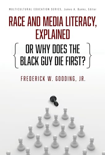Book cover with text about race and media, and a black pawn among white ones.