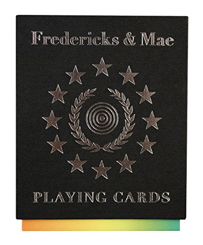 Black playing card box with silver stars and laurel wreath design.
