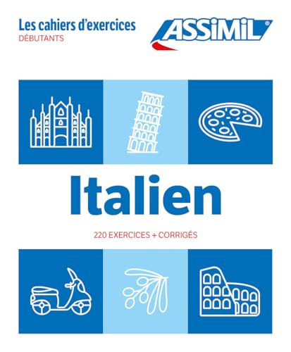 Italian language exercise book cover with landmarks and food illustrations.