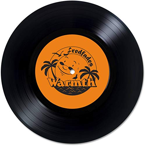 Black vinyl record with orange label featuring a smiling sun and palm trees.