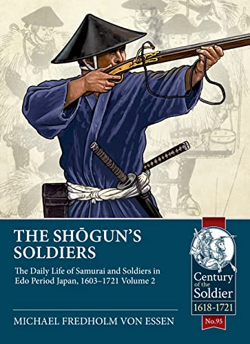 A samurai in a blue kimono and conical hat aims a matchlock musket.