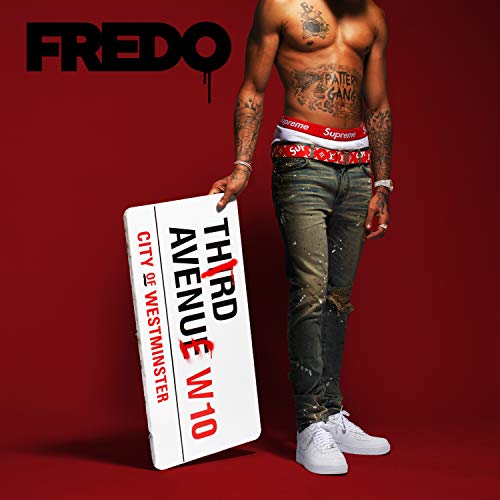 Fredo album cover featuring a man holding a street sign on red.
