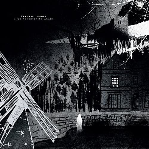 Black and white illustration featuring a windmill, a large house, and a lone figure.