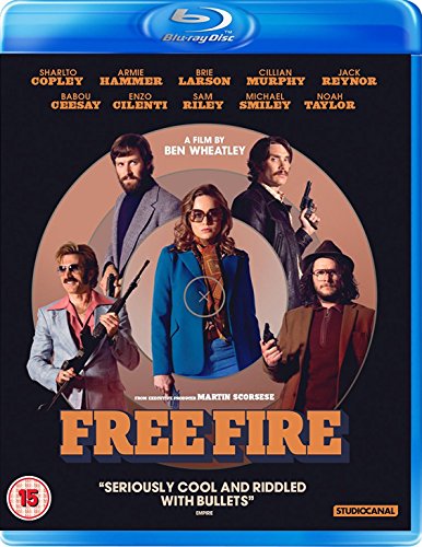 Blu-ray cover for Free Fire featuring five actors posing with firearms in target circles.