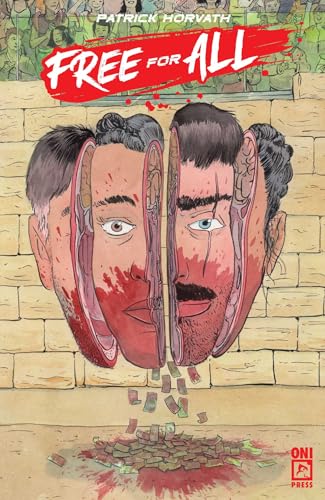 Comic book cover: split face with money falling, crowd in background.