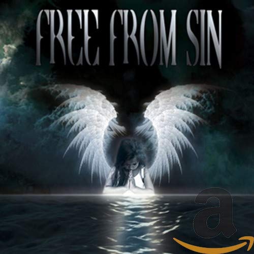 An angel with white wings prays over dark water under the text Free From Sin.